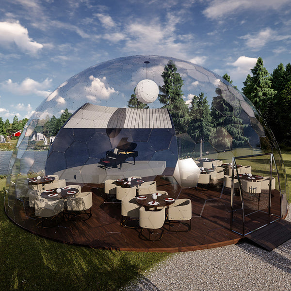 12m Outdoor perspex Aura dome with lounge seating and a Piano on a stage.