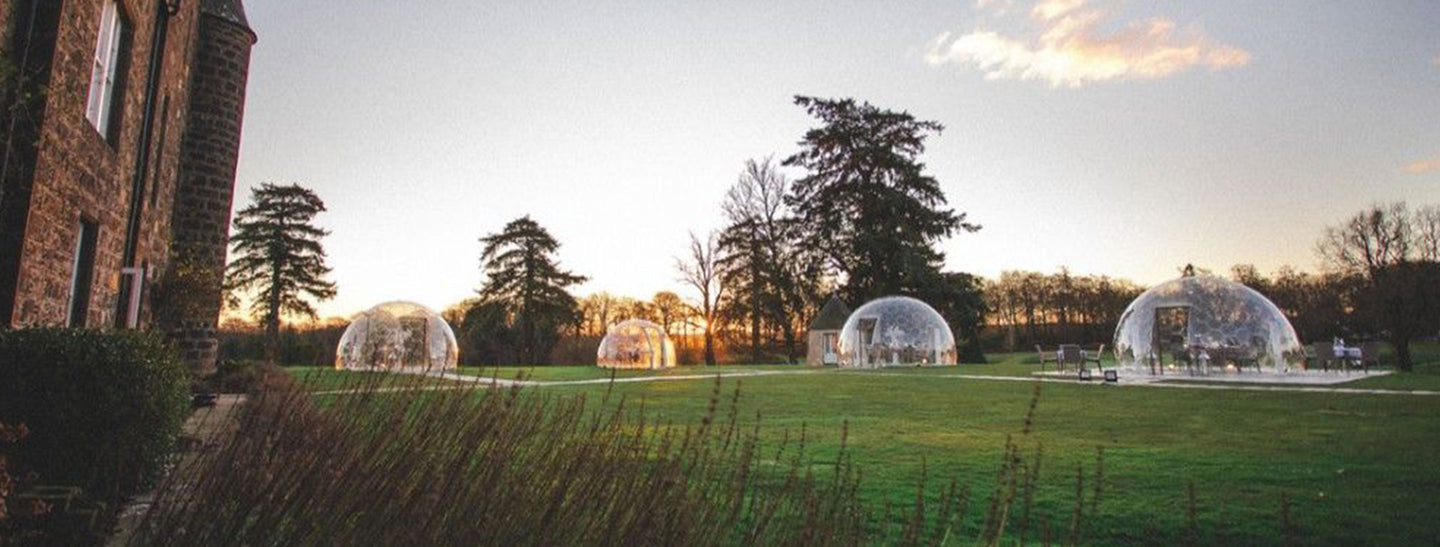 Outdoor domes in the grounds of a hotel. These domes are on a long term hire and will be used as a dining experience that guests and the public are able to book in. Images show the 4.5m outdoor dome with glass door