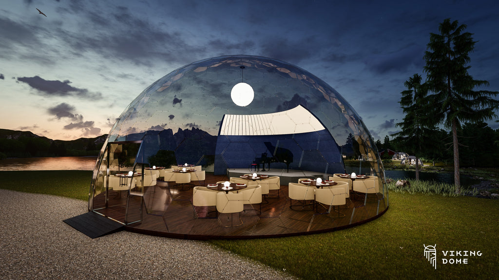 Artist impression of a 12m wide outdoor Perspex dome beside a lake with trees in the background