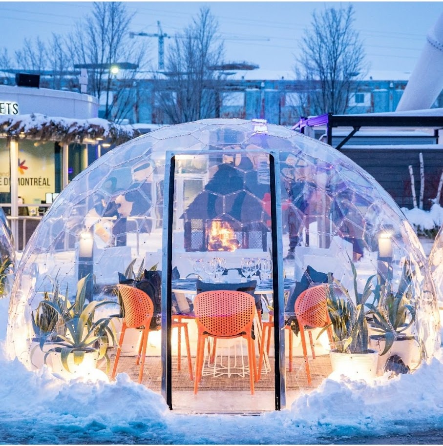 3.6m outdoor garden dome set up for dining in the snow