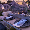 3.6m dining igloo, dining pod with circular LED lights at dusk
