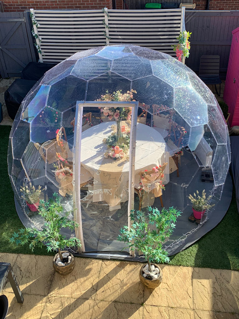 3.6m Perspex dome set up for a children's birthday in someones backgarden